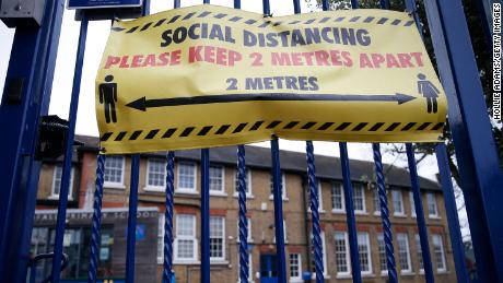 A general view of social distancing signs is displayed at Coldful Primary School in Moswell Hill on January 2, 2021 in London, England. 